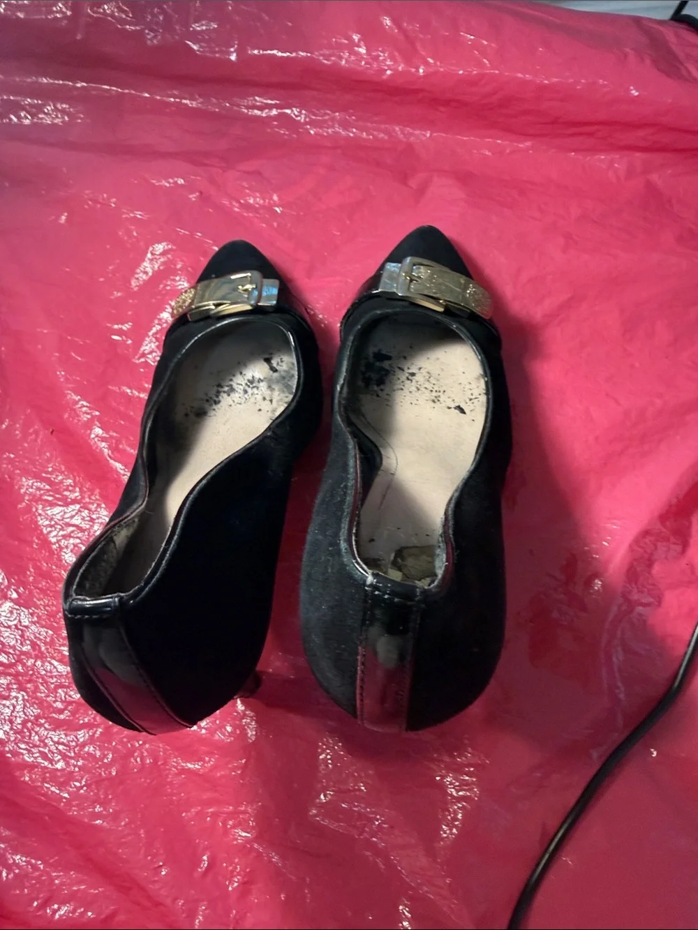 Black Suede Pointed Toe Pumps with Gold Buckle